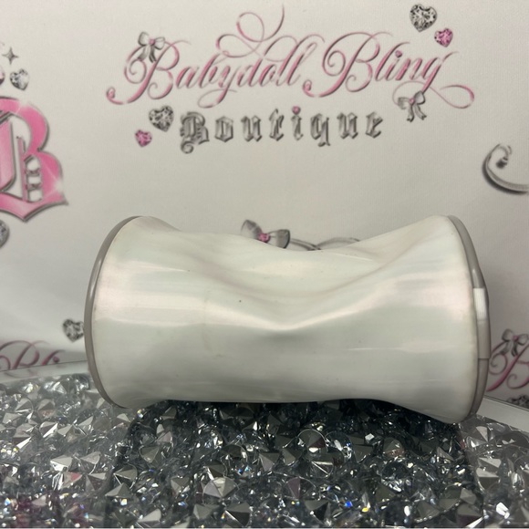 Christian dior makeup bag small white stripe shimmer pattern grey gold hardware - Picture 8 of 9